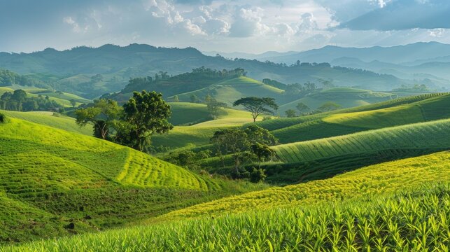 A serene landscape of rolling hills covered with lush vegetation showcasing a thriving ecosystem in which fields of renewable crops are interspersed with pockets of untouched wilderness. .