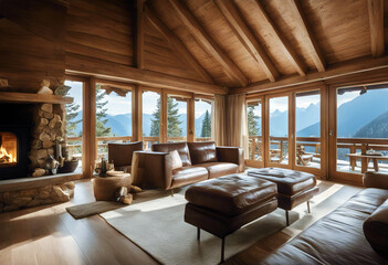 Fototapeta premium mountains interior chalet Stylish loft white bathtub pool mountain europa alps tree sofa plaid window panorama landscape view marvellously architecture beam black chair chamois console copy
