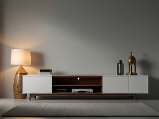 Modern stylish and elegant design of a TV cabinet stand with flower vase and light for TV mockup