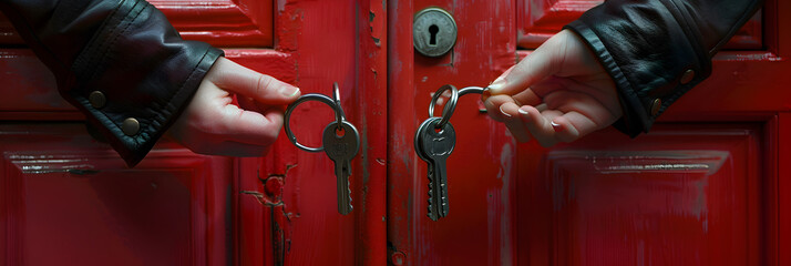  Vintage antique metal door handle on red wooden door background ,Red door with lock  and human hands holding a metal keys Red Door, Metal Handle, and Keys - A Story in Every Detail 
    