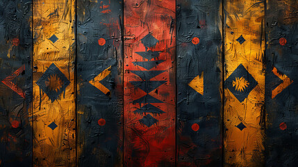 Tribal, pattern and abstract of African art for mural, indigenous culture and background. Geometric, wallpaper and ancient illustration with painting for traditional design, decoration and artwork