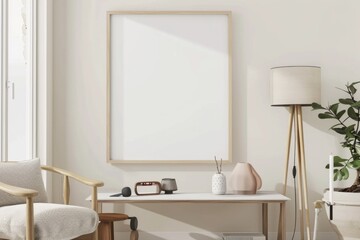 Naklejka na ściany i meble Scandinavian style living room with poster mockup created with generative ai