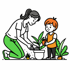 Mother and Child are gardening line art vector