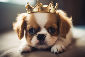 Portrait of little cute fluffy puppy wearing golden crown on her head, laying on the bed. Fashion beauty for pets. Royal pleasure.