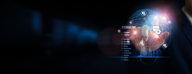 Hand touching global network connection and IT CONSULTING empowering seamless technological innovation, fostering a connected digital infrastructure. Innovation networking on a dark background.