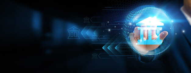 Hand-touching global network connections and overseeing the secure and efficient flow of digital transactions, fortifying the banking technology structure. Innovation networking on a dark background.