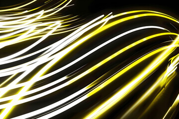 Luminous neon lines abstract artwork with yellow and white glowing stripes. Radiant neon design on black.