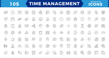 Time management. Linear icon collection. Editable stroke.time management icon set line design blue. Time, manager, icon, development, business vector illustrations.