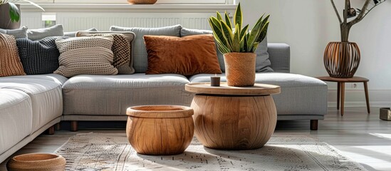 In a stylish living room interior, there are two wooden coffee tables with a potted plant placed in front of a grey corner sofa.