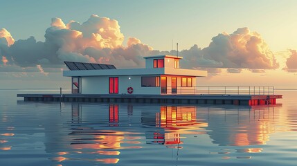 Solar panels on ferry docks generate clean energy for marine operations in a sleek flat design illustration style. - obrazy, fototapety, plakaty