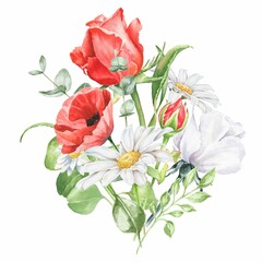 Red roses botanical watercolour composition 