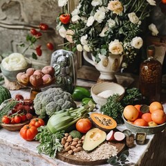 A photo of a table with various kinds of healthy foods, with bright and clear tones 