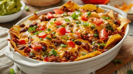 Delight in a mouthwatering Mexican taco casserole brimming with crispy tacos kidney beans gooey cheese juicy tomatoes and savory ground beef - obrazy, fototapety, plakaty