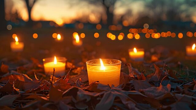 Twilight Memorial: Candles of Remembrance in the Park. Concept Memorial Gathering, Twilight Ceremony, Candles of Remembrance, Park Tribute, Sunset Reflections