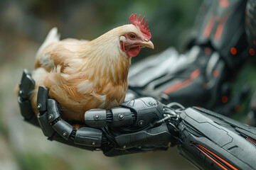 Robot holding a chicken at the farm