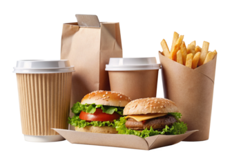 Collection and delivery food background with fast food items. Fast food concept with burgers, fries, and drinks.