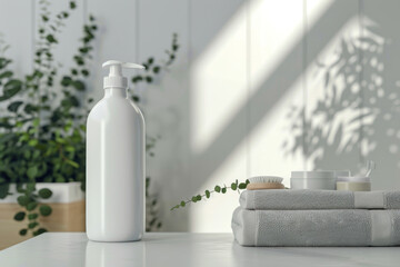 white bottle with a pump head on the counter, presented as a mockup template for product presentation in the style of a minimalistic bathroom interior background