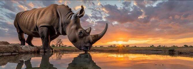 Black rhino at watering hole, sunset, wide angle, intense gaze, soft lighting, majestic presence, endangered species