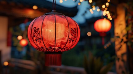 Red lantern closeup, soft evening light, textured detail, intimate, festive warmth