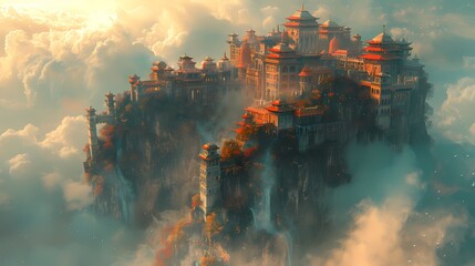 Suspended mountain temple scene poster background