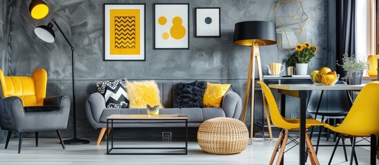A gray living room is furnished with a sofa, chairs, a standing lamp, a small table, yellow accents, and black and white patterned decorations.