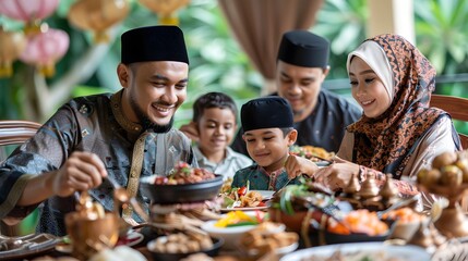 Obraz premium Joyful Family Gathering for Eid al Adha Feast with Natural Lighting and Emotional Connection