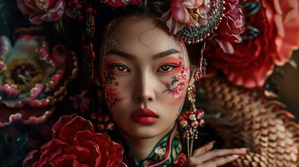 A portrait of an anthropomorphic female dragon with floral patterns on her scales, wearing intricate jewelry and adorned in ornate headwear with flowers. The focus is on her face. - obrazy, fototapety, plakaty