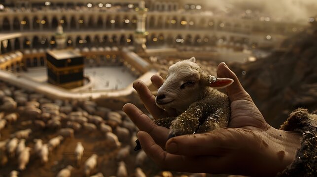 Transcendent Sacrifice A Hand Holding a Lamb Against the Backdrop of the Revered Kaaba in Mecca Symbolizing the Devotional Spirit of Eid al Adha