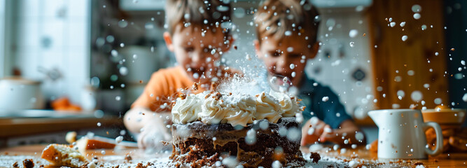 Children are having fun making bakery goods in the kitchen.