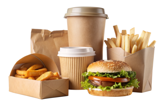Collection and delivery food background with fast food items. Fast food concept with burgers, fries, and drinks.