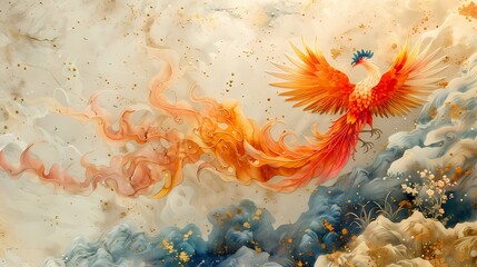Fototapeta na wymiar Traditional embroidery phoenix illustration poster background