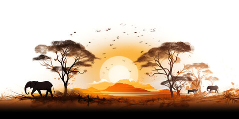 African sunset with animals and birds silhouette in the background
