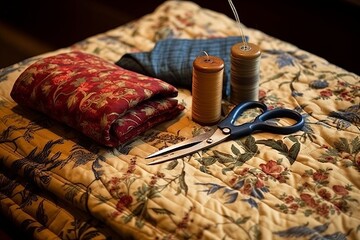 Victorian Quilted Throws and Antique Fabric in an Ornate Sewing Room - obrazy, fototapety, plakaty