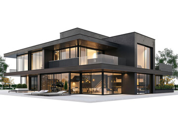 Modern luxury house exterior, black color with white background. 3d rendering illustration of contemporary mansion for family home or hotel architecture design isolated on white background
