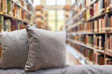 Pillows Placed in a Quiet Reading Space in a Library, with Bookshelves Blurred in the Background to...