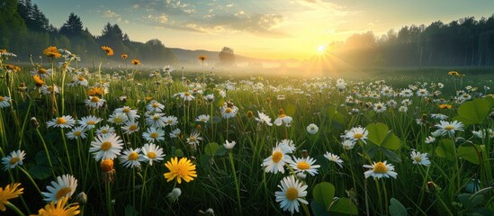 A stunning summer scene featuring yellow and white daisies, clovers, and dandelions in the grass at sunrise. Presented in an ultra-wide panoramic format.