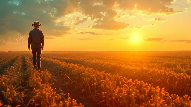 Serenity at Sunset: Lone Farmer Amidst Golden Fields. Concept Sunset Photography, Rural Landscape, Solitude, Golden Hour Portrait