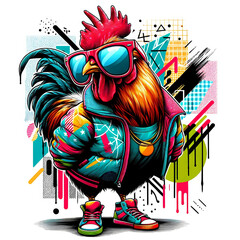 A chicken wearing sunglasses and a jacket. The chicken is wearing a gold chain around its neck. The background is colorful and has a graffiti-like appearance