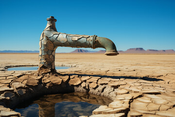 Global warming and climate change concept.Rusty faucet on deserted, cracked ground.
