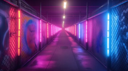 A chain link fence, lit by cyan and purple neon lights on either side, stands adorned with graffiti on the nearby walls, creating a vibrant contrast against the darkness.