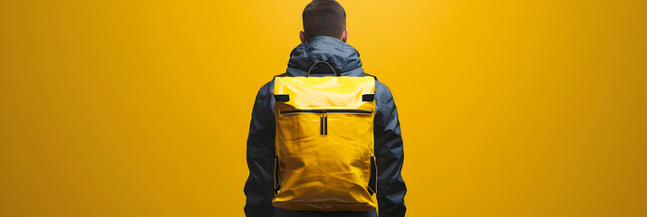 Black man Yellow Jacket Food Delivery Man in town,A person standing on a sidewalk with a backpack - obrazy, fototapety, plakaty