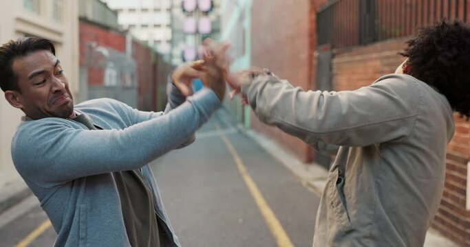 Alley, conflict and men in fight with violence, battle and disagreement with punching, aggression and self defence Argument, bullying and funny friends in street brawl in city with frustrated comedy