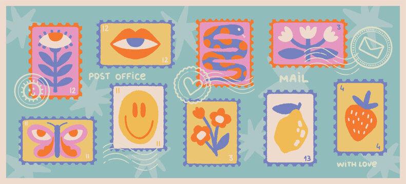 Funky Postage Stamps Collection. Charming and Playful Scrapbook elements for Digital Collages