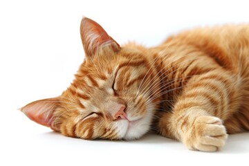A serene orange cat peacefully sleeping, isolated on a clean white background, perfect for pet lovers and animal-themed designs
