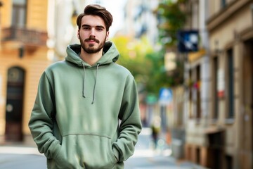 Young Man Dressed in a Casual Green Hoodie Standing on an Urban Street - 788958362