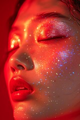 Close-Up Portrait of a Woman With Glitter Makeup Under Red Illumination - 788958527