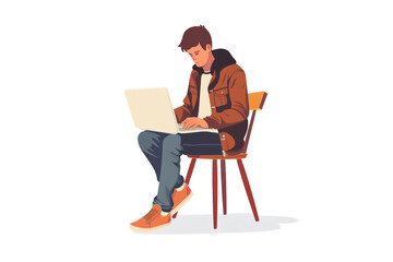 a man sitting on a chair with a laptop, in a simple flat vector illustration style, isolated on a white background