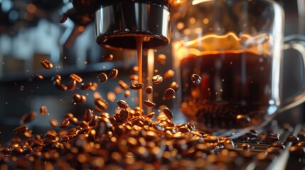 Coffee mug. Close-up of coffee beans pouring from a coffee maker. - obrazy, fototapety, plakaty
