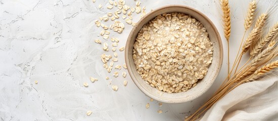 Dry oatmeal in a bowl garnished with wheat ears on a light background, suitable for adding text. Representing the cooking of oats porridge. Viewed from above.