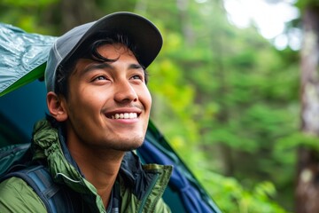 Man Smiling While Peering Out From a Green Tent in a Lush Forest at Dawn - 788958563